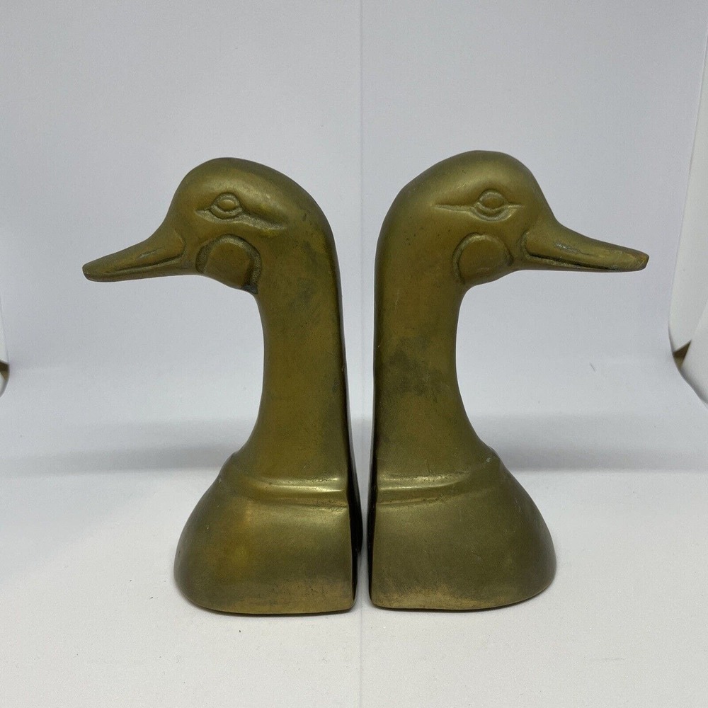 Vintage Patina Brass Duck Pair Bookends 5 3/4" Tall Made in Taiwan